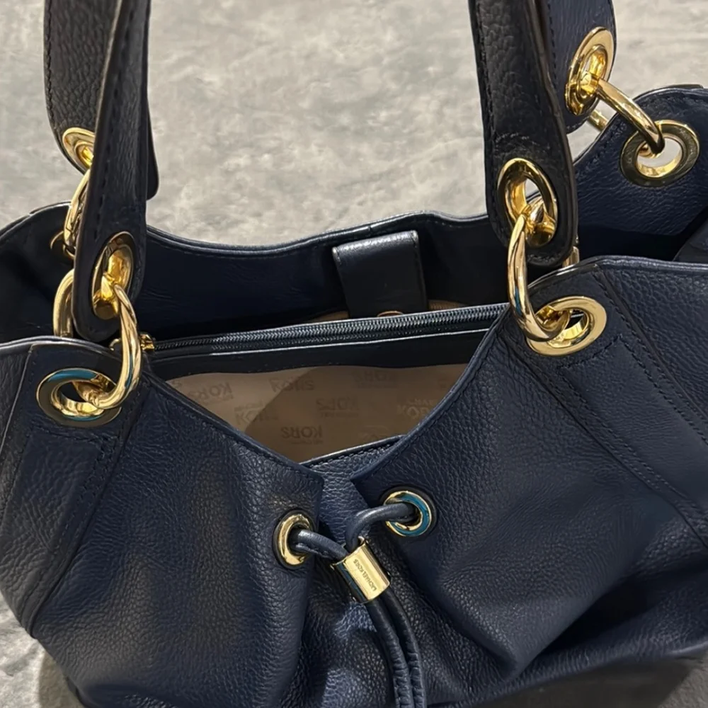 Michael Kors Navy Blue Shoulder Bag with Gold Accents